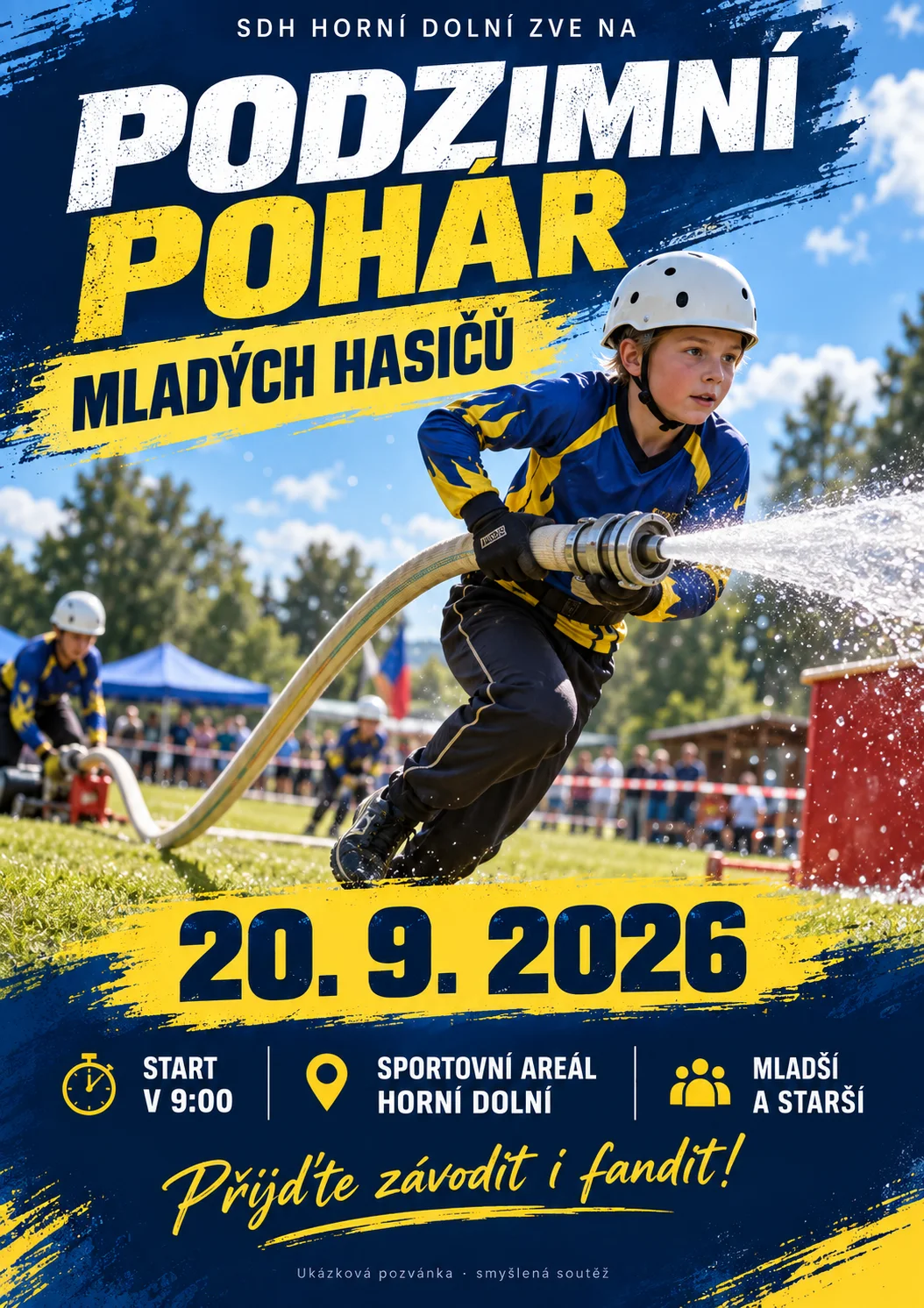Pozvánka na Podzimní pohár mladých hasičů, 20. září 2026 od 9:00 ve sportovním areálu Horní Dolní.