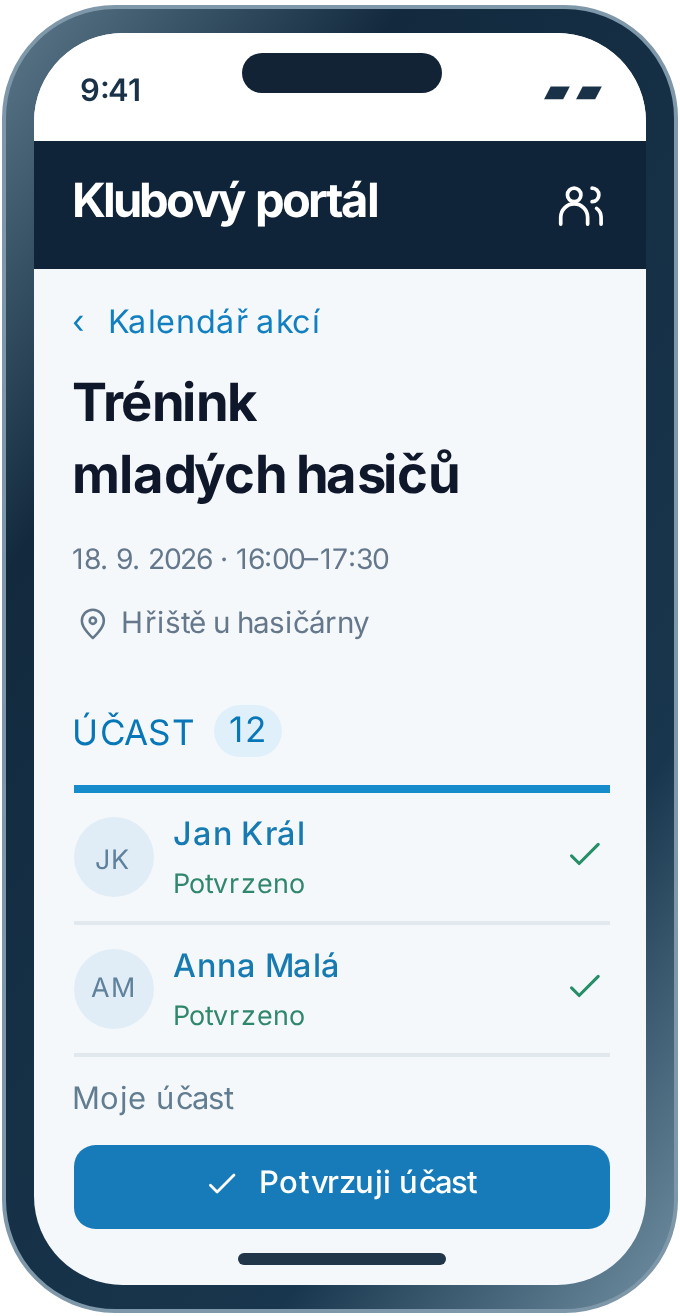 Mobilní ukázka aplikace: trénink mladých hasičů a potvrzení účasti
