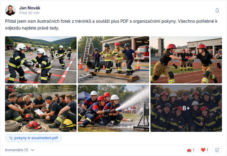 Příspěvek na nástěnce s fotografiemi a přiloženým dokumentem.