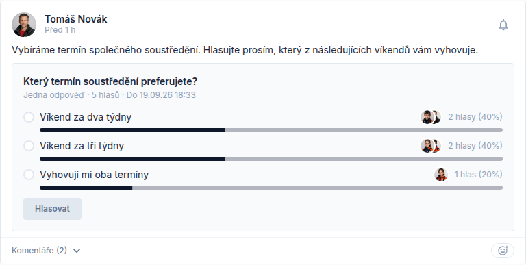 Otevřená anketa na nástěnce Klubového portálu.