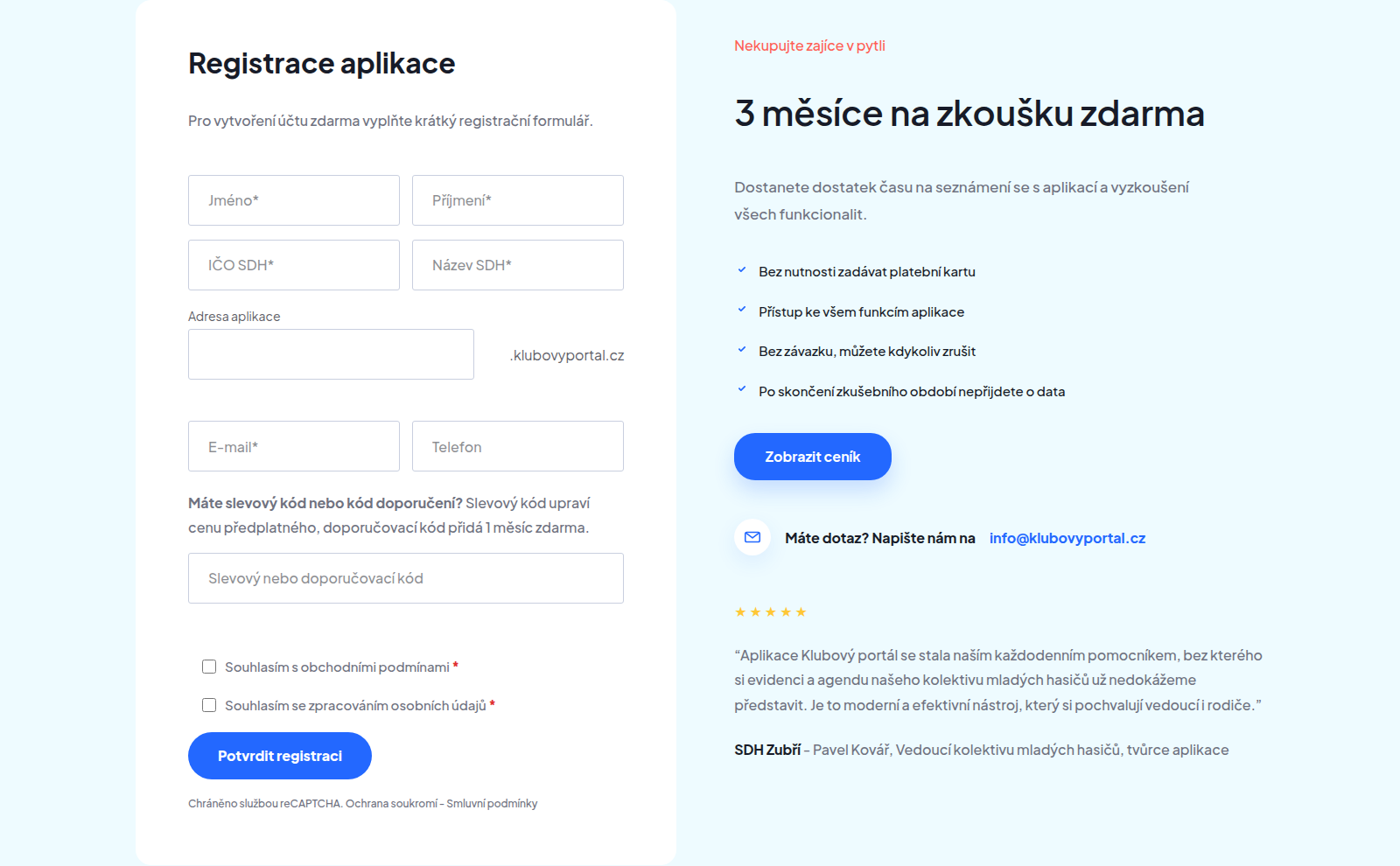 Registrační formulář s údaji vedoucího, SDH a adresou aplikace.